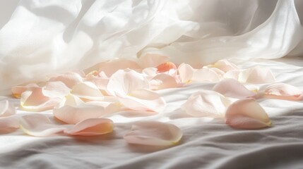 Delicate rose petals on silk, bathed in soft morning light, evoking a dreamy, romantic ambiance.