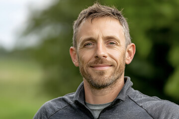 Fototapeta premium Confident farmer smiling outdoors, showcasing close up portrait with blurred green background. His relaxed demeanor reflects connection to nature and agriculture