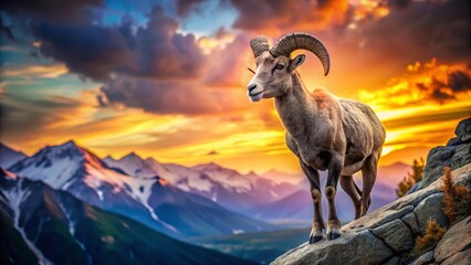 Obraz premium Majestic Bighorn Ram in Rocky Mountain Landscape with Bokeh Background