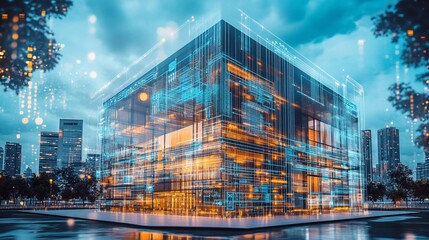 Glass data center cube at night in smart city with digital overlay