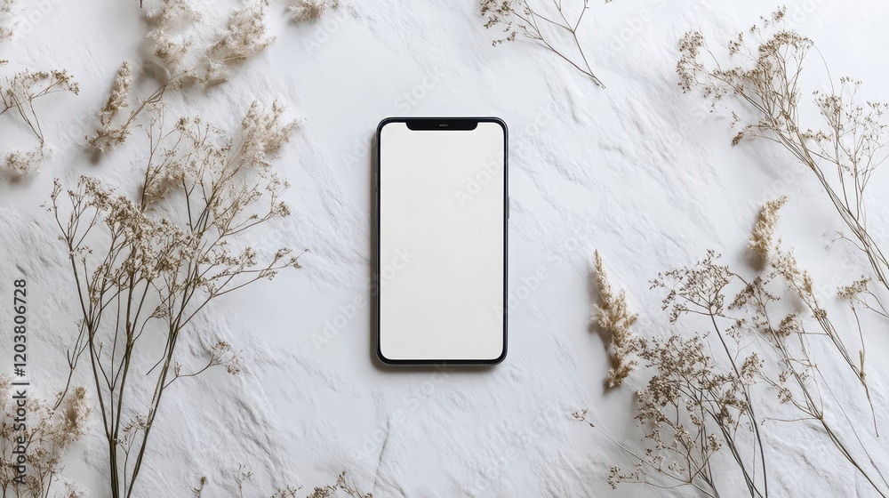 Wall mural blank mockup template of a sleek smartphone on a smooth white background, surrounded by soft shadows