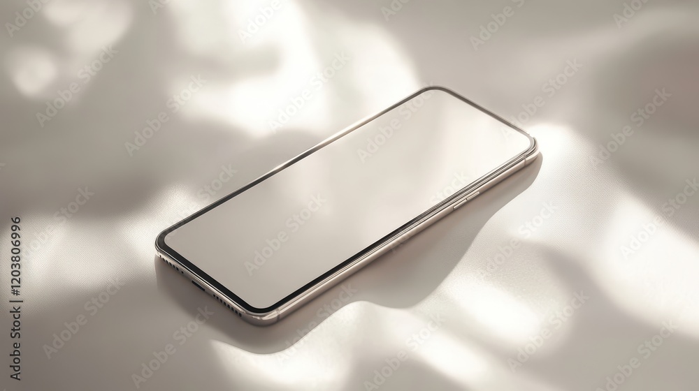 Wall mural blank mockup template of a sleek smartphone on a light neutral background, with minimalistic shadows