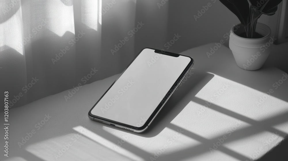 Canvas Prints blank mockup template of a smartphone on a neutral white surface, surrounded by soft lighting and cl