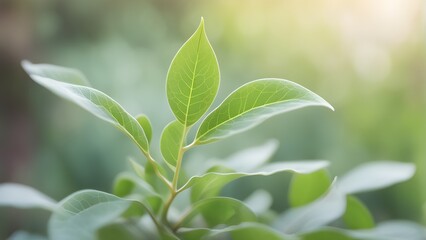 Close-up of vibrant green leaves illuminated by soft sunlight, creating a tranquil nature background.