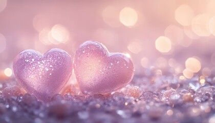 Obraz premium Two glistening pink hearts nestled together amidst sparkling lights, symbolizing love, romance and togetherness