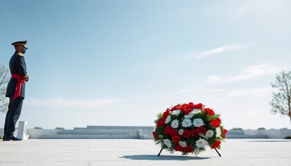Solemn Remembrance Officer in Uniform Saluting Floral Wreath at Memorial