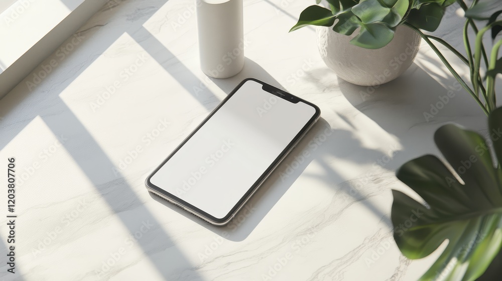 Canvas Prints blank mockup template of a modern smartphone placed on a light neutral surface, surrounded by clean 
