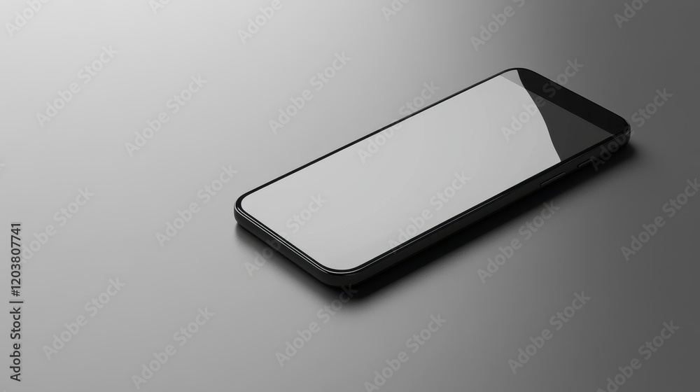 Sticker blank mockup template of a smartphone resting on a smooth gray background, with simple reflections a