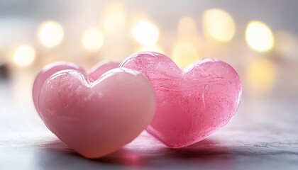 Fototapeta premium Two Pink Hearts with Soft Glow and Warm Lights in the Background