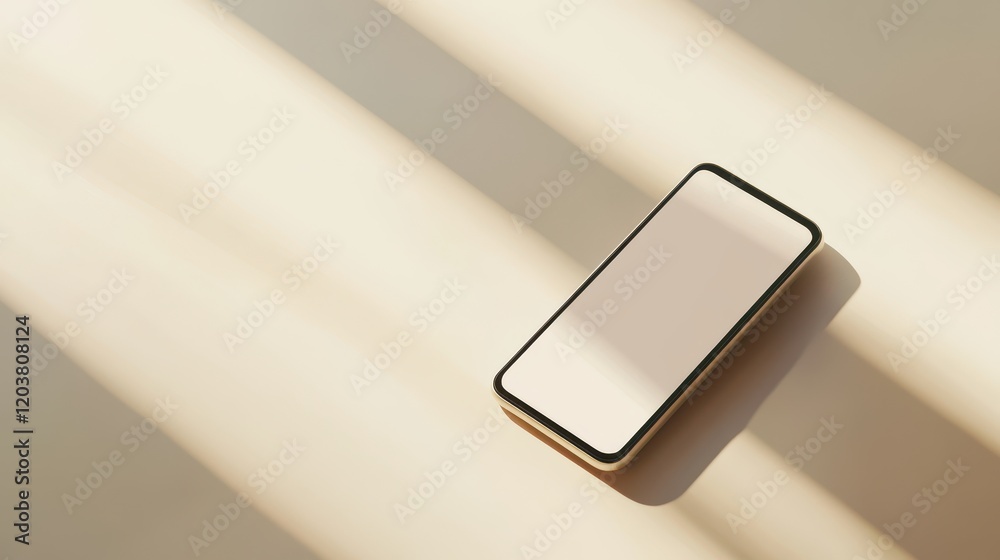 Canvas Prints blank mockup template of a sleek smartphone resting on a pale beige surface, surrounded by subtle li