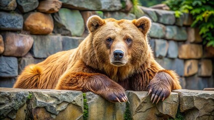 Majestic Brown Bear Resting on Artificial Rock Wall in Wildlife Sanctuary