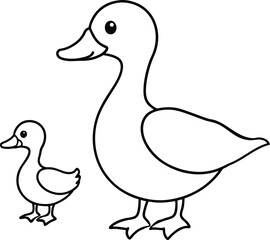 Coloring book Duck and her child line art illustration