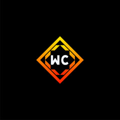 WC initials dynamic geometric logo design features a bold lettering sign in an orange and black color scheme, displayed against a dark background