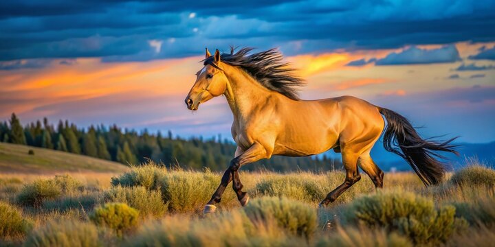 Majestic Buckskin Stallion at Pryor Mountain, Wyoming - Long Exposure Wild Horse Photography