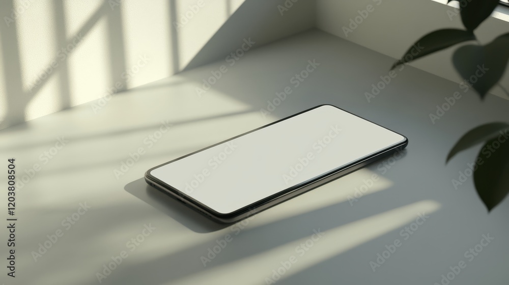 Canvas Prints blank mockup template of a sleek smartphone on a pale gray surface, surrounded by minimal shadows an