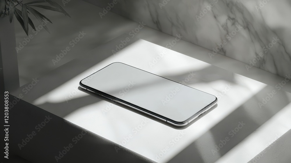 Wall mural blank mockup template of a sleek smartphone on a pale gray surface, surrounded by minimal shadows an