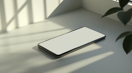 Blank mockup template of a sleek smartphone on a pale gray surface, surrounded by minimal shadows and clean reflections.