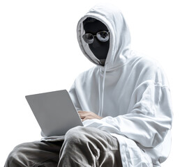 Hooded figure working on laptop against white background in a minimalist and modern style