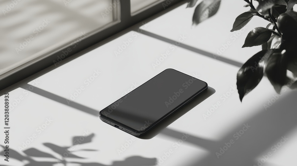 Wall mural blank mockup template of a smartphone on a smooth white table, with minimal shadows and a neutral ba