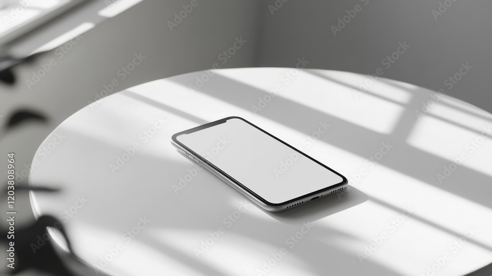 Canvas Prints blank mockup template of a smartphone on a smooth white table, with minimal shadows and a neutral ba