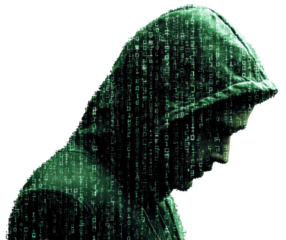 Digital silhouette of a hooded figure with a background of cascading binary code against a white backdrop