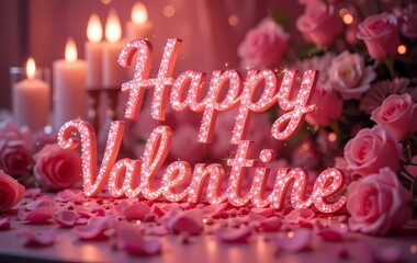 Illuminated "Happy Valentine" message with pink roses and candles.
