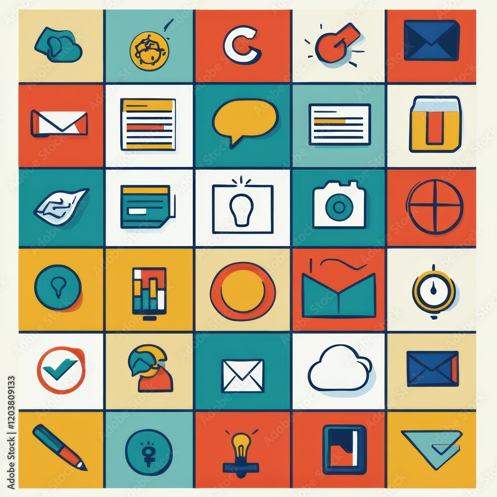 Poster colorful grid of various icons representing communication, technology, and creativity in a modern de