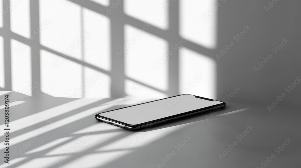 Canvas Prints blank mockup template of a sleek smartphone on a light gray surface, with subtle shadows and a minim