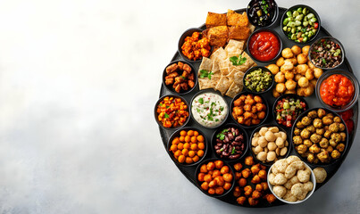 Appetizer platter, diverse dips, party snacks, grey background, food photography