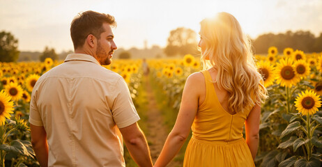 Fototapeta premium Nonbinary couple walking hand in hand through sunflower field, connection