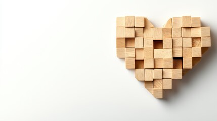 Wooden Heart Crafted from Cubes on White Background