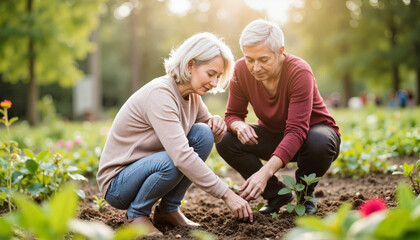 Fototapeta premium Elderly couple planting seeds in vibrant garden, nurturing love