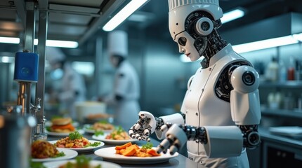 Fototapeta premium Robotic Chef Preparing Gourmet Food in Futuristic Kitchen