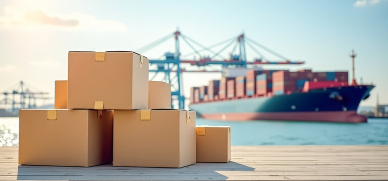 a stack of cardboard boxes on the background of a merchant ship in the port