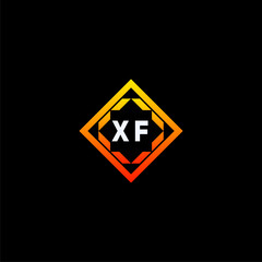 XF initials dynamic geometric logo design features a bold lettering sign in an orange and black color scheme, displayed against a dark background