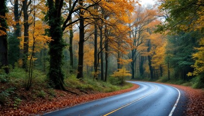 Obraz premium Winding road through autumn forest with colorful foliage on trees and ground cover