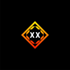 XX initials dynamic geometric logo design features a bold lettering sign in an orange and black color scheme, displayed against a dark background
