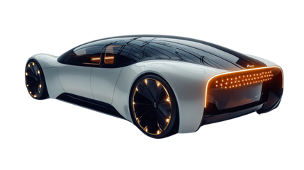 Futuristic Sports Car Design: Sleek and futuristic sports car with a white body, black rims, and warm, glowing headlights. This automotive design concept embodies speed, power, and innovation.  