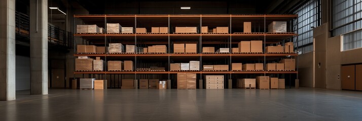 Large warehouse interior with towering shelves stacked with boxes, evoking efficiency and business growth aspirations.