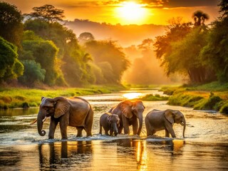 Fototapeta premium Majestic Elephant Family Sunset River Bath - Wildlife Photography