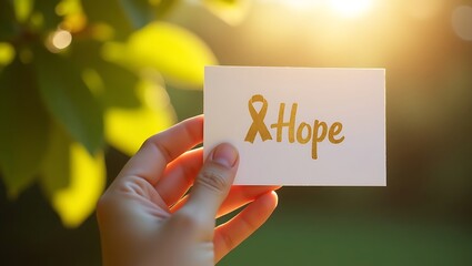 Cancer Awareness: A Hand Holding a Hope Card in Sunlit Garden &ndash; Embracing Strength and Courage in the Journey to Fight Cancer