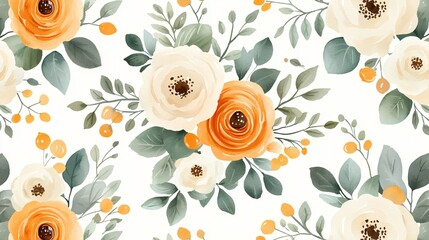 Elegant Watercolor Floral Pattern Cream Orange Blooms Green Leaves Botanical Design