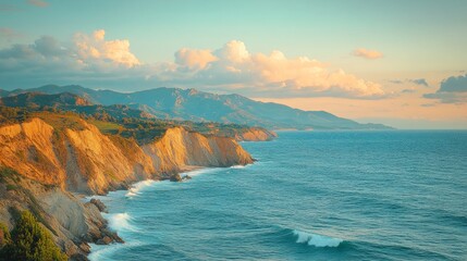 Obraz premium Serene Coastal Cliffs at Sunset with Rolling Waves and Distant Mountains