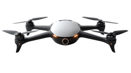 Drone Technology: A sleek, modern drone with four rotors and a high-definition camera, ready for flight.  The drone is showcased against a plain background, highlighting its design features.
