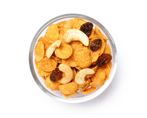 bowl of cornflakes with cashew and raisin isolated