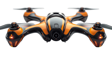 Orange and Black Drone: A close-up shot of a sleek, futuristic drone with vibrant orange and black accents, showcasing its powerful design and advanced camera technology. 