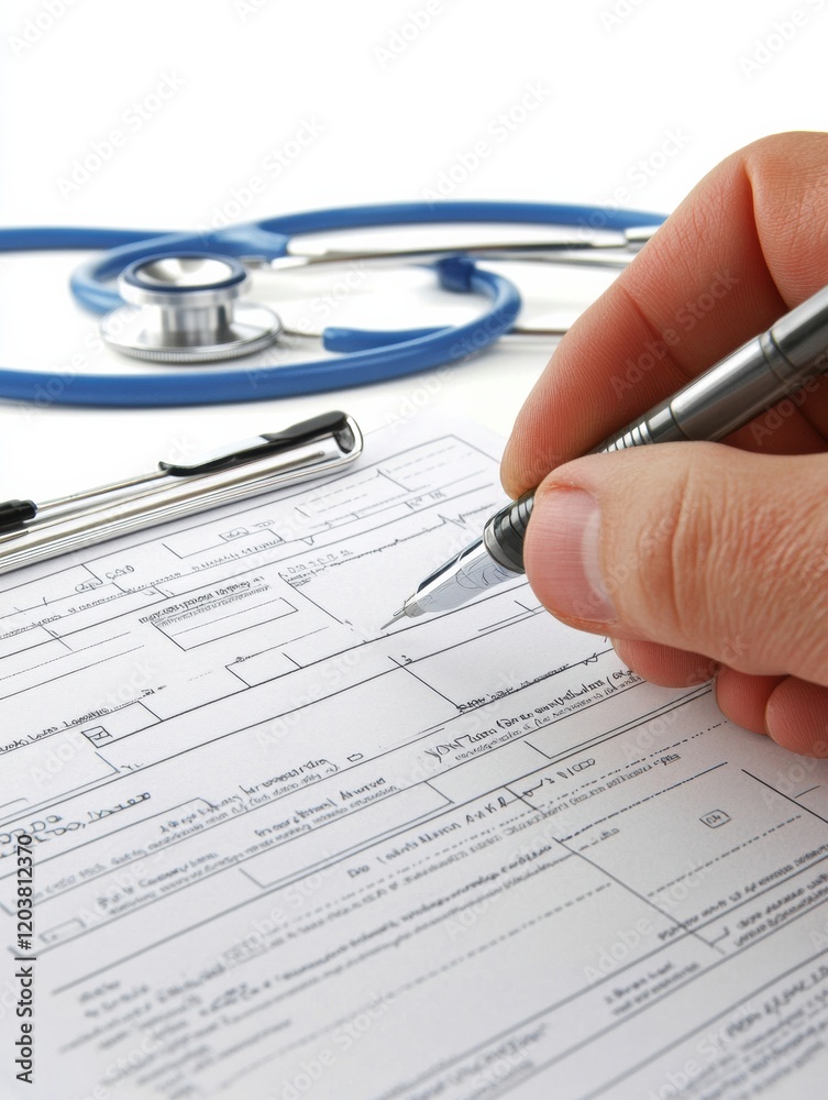 Poster hand filling out a medical form at a healthcare facility with a stethoscope in the background during