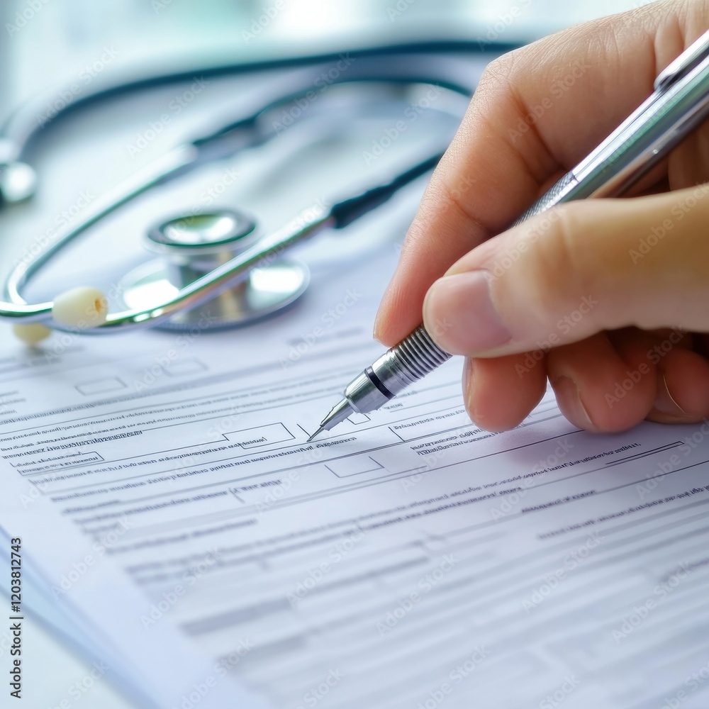 Poster hand completing a medical form in a doctors office with a stethoscope nearby. generative ai