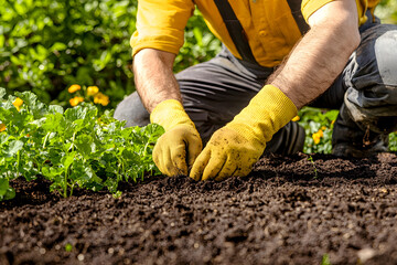 farmer in yellow gloves planting seeds in rich soil surrounded by green plants, showcasing dedication to gardening and agriculture