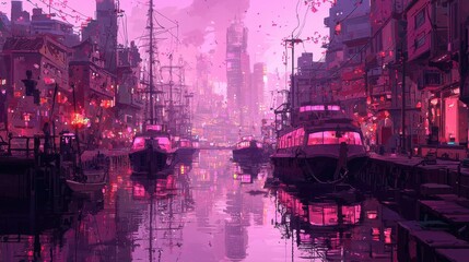 Obraz premium A cyberpunk harbor bustling with glowing hovercraft and radiant cargo cranes. The vibrant city skyline looms in the background, reflecting off the water’s surface, which shimmers with the colors 